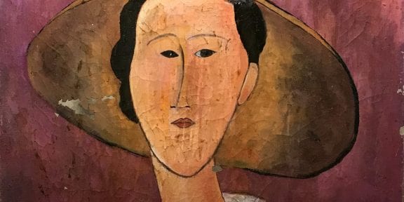 Particolare di Donna col capello, uno dei Modigliani falsi sequestrati dai Carabinieri