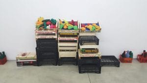 Federico Caputo, Frutta Verdura, tela antimacchia, imbottitura di poliestere e cassa (legno, plastica, cartone), 2019.