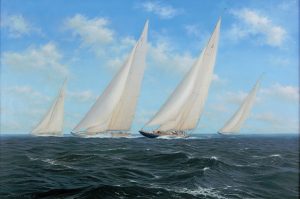 STEPHEN RENARD (Huddersfield - Regno Unito 1947) New York yacht club cruise, 1937, 1989 Olio su tela, cm. 62 x 92 Firma e data in basso a sinistra Storica regata con Rainbow e Endeavour II e Ranger nel New York yacht club cruise del 1937 E 4000-5000