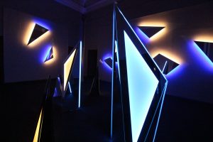 Exhibition view, Nanda Vigo, Palazzo Reale, Milano, 2019. Opere Galactica 2 e Trigger of the space