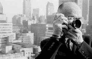 Dennis Stock Portrait of the French photographer Henri Cartier Bresson a founder member of MAGNUM Photos on the roof of the Magnum office penthouse of Magnum Photos in Manhattan on West 57th Street.1961