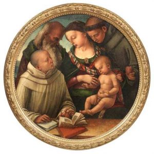 Luca Signorelli, Madonna col Bambino e i Santi Bernardo, Antonio da Padova e Onofrio o Girolamo, 1504-1505, olio su tavola, diametro cm 85