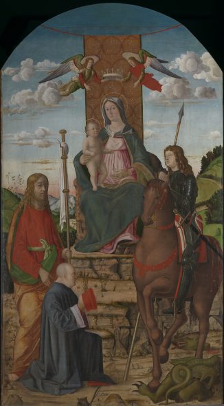 Giovanni Martini da Udine about 1470-5; died 1535 The Virgin and Child with Saints George, James the Greater and a Donor Short title: The Virgin and Child with Saints Probably about 1500-5 Oil on wood 247.7 x 144.8 cm Bought, 1867 © The National Gallery, London 