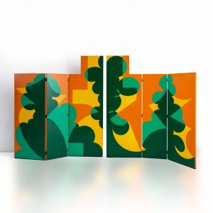 Lotto 123 Giacomo Balla Paravento composto da due moduli a tre pannelli. Struttura in legno laccato. Prod. Gavina, Italia, 1968 Stima: € 3.000 - 4.000