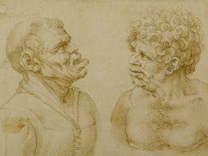 Wenzel Hollar (da Leonardo da Vinci), Due teste di carattere, 1645-1666 circa, Pietra nera, penna, pennello e inchiostro su carta, 193 x 118 mm, Milano, Castello Sforzesco, Gabinetto dei Disegni
