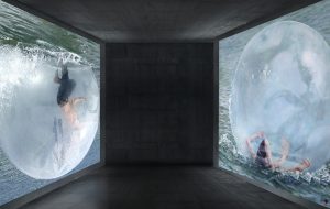 Ciriaca+Erre, Catharsis, 2010 – 2019, Installazione: cubo nero in tela, alluminio e acciaio di 9 mq, dipinto acrilico e resina su tela 200 x 200 cm, video proiettore, proiezione 200 x 200 cm, tappeto in polipropilene espanso. Rendering dell’installazione, courtesy dell’artista