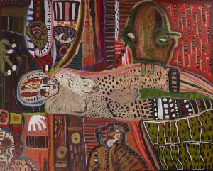 Mona Osman, Eaten by Facticity, 2019, olio e tecnica mista su tela, 120 x 155 cm © the artist. Courtesy C&C Gallery, London