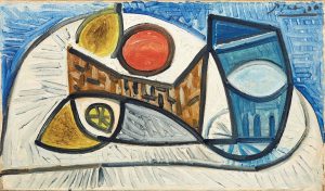 Pablo Picasso (Malaga 1881 - Mougins 1973) NATURE MORTE AU CITRON, À L’ORANGE ET AU VERRE 1944 firmato in alto a destra olio su tela cm 24x40,7 retro: datato “24.1.44”