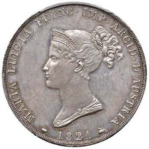 Per ricordare la morte di Napoleone, un tempo suo marito, nel 1821 Maria Luigia di Parma 1821 fece coniare tre esemplari delle 5 lire d’argento. Un esemplare di questo prezioso conio è proposto a 250.000 euro.