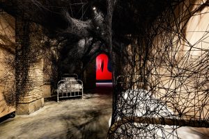 Installation View: Chiharu Shiota, Sleepilng is like Death, 2019. Courtesy the artist & Galerie Templon andGino De Dominicis, Untitled. 1985. Courtesy Collezione Jacorossi, Roma.