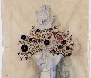 Zehra Doğan, “Fatıma'nın Eli” (Fatma's hand), 2018, Pillow case, tea, coffee, embroidery, ballpoint pen, 58 x 34 cm, location: Diyarbakir Prison, Photo credit: Jef Rabillon
