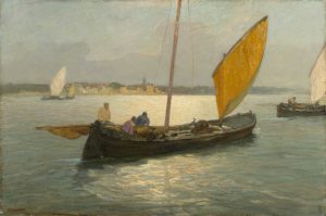 Lotto 255 PIETRO FRAGIACOMO (Trieste 1856-Venezia 1922) "Marina" 1910-1915 olio su compensato (cm 80x122) Firmato in basso a sinistra In cornice Stima € 40.000-50.000