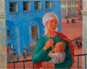 Kuz’ma Petrov-Vodkin, 1918 a Pietrogrado (La Madonna di Pietrogrado), 1920, olio su tela, 73 x 92 cm, Moscow, The State Tretyakov Gallery