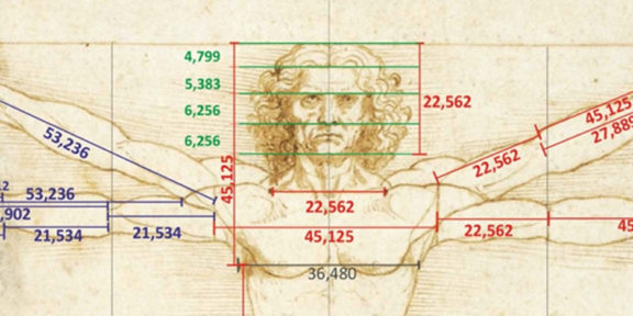 L’Uomo Vitruviano di Leonardo, le misure esatte sino al terzo decimale delle braccia con le quali si evidenzia che le due parti del corpo sono differenti tra loro