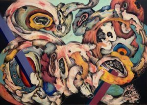 Ahmed Alsoudani, Rome, 2019. Acrylic, charcoal and color pencil on canvas, cm 180,4x254. Collezione Privata
