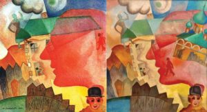 A known painting by Yury Annenkov (left) and a work that was on view at the contested exhibition in Ghent. Courtesy of Dieleghem Foundation.