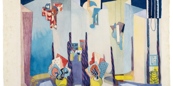 Enrico Prampolini, Hall d'albergo , 1921 - 1922 circa Acquerello, gouache acquerellata, matita grafite e carboncino su carta, 35.4 x 47.8 cm