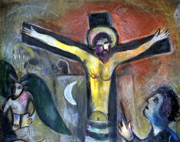 Marc Chagall (Vitebsk 1887 – Saint-Paul de Vence 1985), Le Christ et le peintre, 1951, gouache e pastelli su carta applicata su cartoncino; © Governatorato SCV Direzione dei Musei