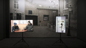 The Pit Call (The Netherlands, 2019) Two Channel 4K Video Installation with backdrop - 1.77:1 - Color - Audio Stereo – 41’40” INSTALLATION VIEW