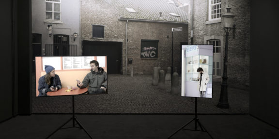 The Pit Call (The Netherlands, 2019) Two Channel 4K Video Installation with backdrop - 1.77:1 - Color - Audio Stereo – 41’40” INSTALLATION VIEW