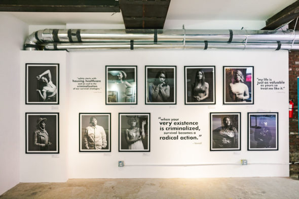 Installation view of Kisha Bari’s portraits of black and brown sex workers at Sex Worker Pop-Up. Photo by Jonna Algarin Mojica courtesy of Sex Worker Pop-Up.