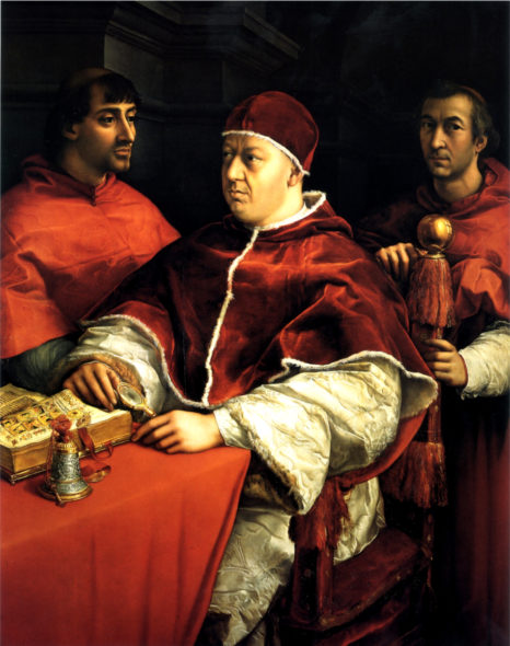 Raffaello Ritratto di Leone X tra i cardinali Giulio de’ Medici e Luigi de’ Rossi