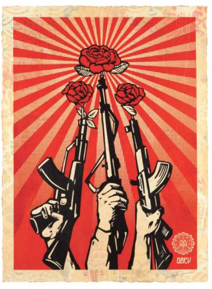 Shepard fairey. 3 Decades of dissent (1989-2019) Shepard Fairey Guns and Roses, 2019 Edition of 19, serigrafia e collagesu carta, hpm, 76 x 104 cm