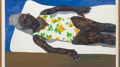 AMOAKO BOAFO, “The Lemon Bathing Suit” 2019, (oil on unstretched canvas 205.7 x 193 cm) | Estimate £30,000 - 50,000. Venduto a £675,000. RECORD