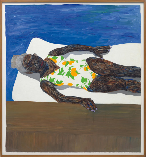 AMOAKO BOAFO, “The Lemon Bathing Suit” 2019, (oil on unstretched canvas 205.7 x 193 cm) | Estimate £30,000 - 50,000. Venduto a £675,000. RECORD