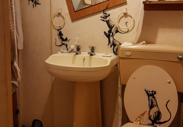 ratti dipinti su un bagno di Banksy