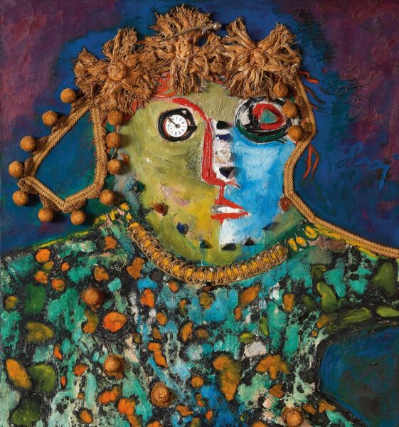 Enrico Baj, Femme au diapason, 1960, olio e collage su stoffa, 90 x 70 cm_Courtesy Mazzoleni London-Torino