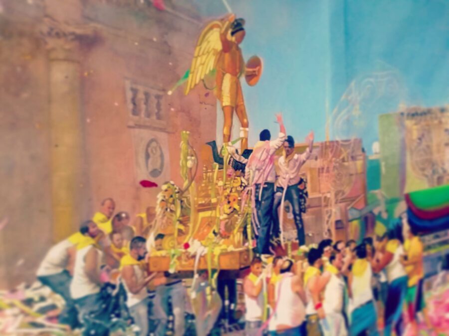 Francesco Lauretta, Festa gialla, olio e oro su tela, 110 x 183 cm., 2020, in corso d'opera