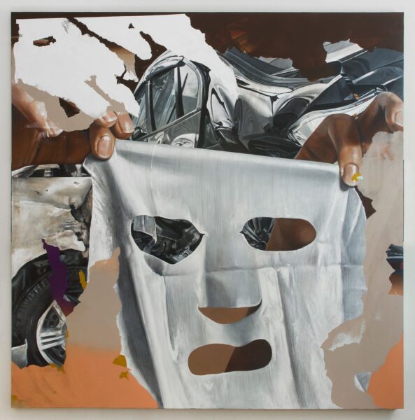 Martinucci, acrilico, terra, grafite e alluminio su tela, 200x200x4cm Courtesy l'artista