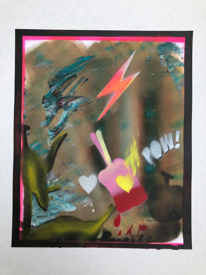 Ardente Primavera # 3 2020 Olio e vernice spray su carta cm 35,5 x43 courtesy galleria Zero Milano