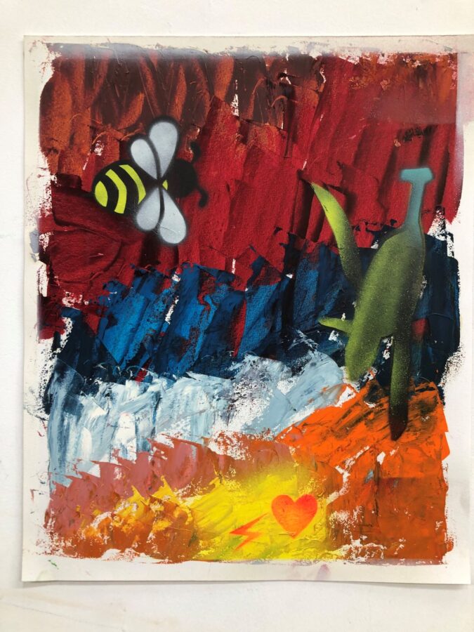 Ardente Primavera # 6 2020 Olio e vernice spray su carta cm 35,5 x43 courtesy galleria Zero Milano