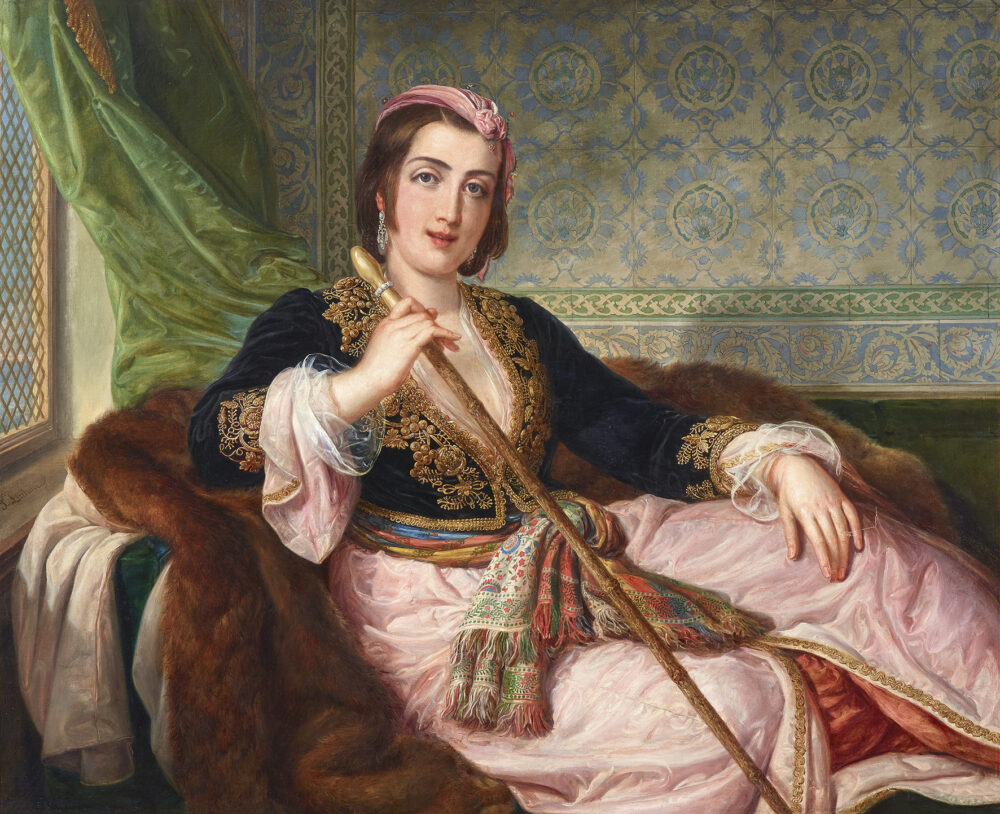 Pietro Luchini (1800 - 1883) Ritratto di una giovane dama di Costantinopoli, olio su tela, 104 x 127 cm, stima € 100.000 - 150.000, asta dipinti dell'Ottocento 8 giugno 2020