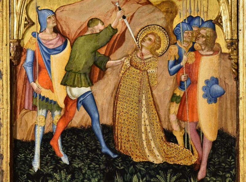 Jacobello del Fiore Scene della vita di Santa Lucia – Lucia trafitta alla gola dal pugnale del boia 1410 ca. tempera e doratura su tavola cm 60 x 80 Pinacoteca Civica, Palazzo dei Priori Fermo