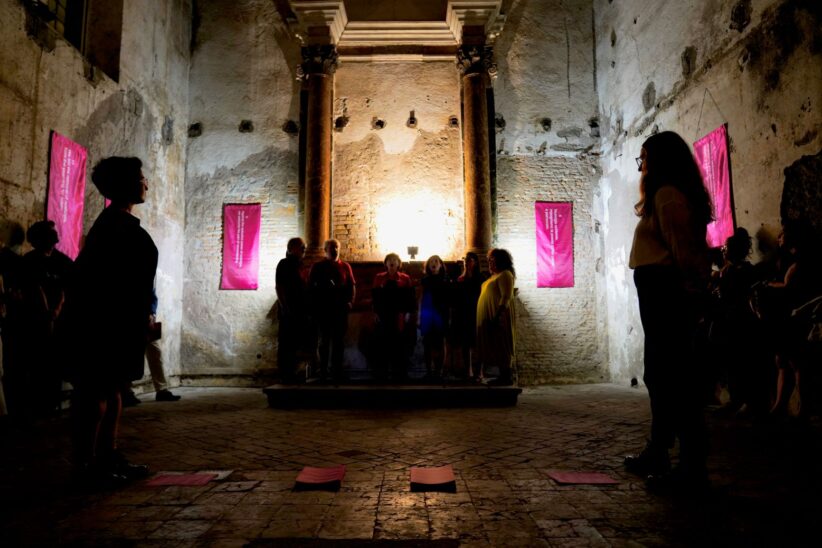 Giulia Crispiani, Golrokh Nafisi and Ahmadali Kadivar A Manifesto Against Nostalgia, Rome version, 2019. In collaboration with SMPT vocal band directed by Patrizia Rotonda. Mixed Media. Photo by Margherita Panizon.