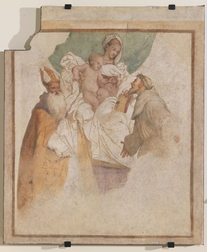 Jacopo Da Ponte, Madonna in trono con il Bambino tra i santi Bassiano e Francesco 1550 circa Affresco staccato a massello, 112 x 128 cm 