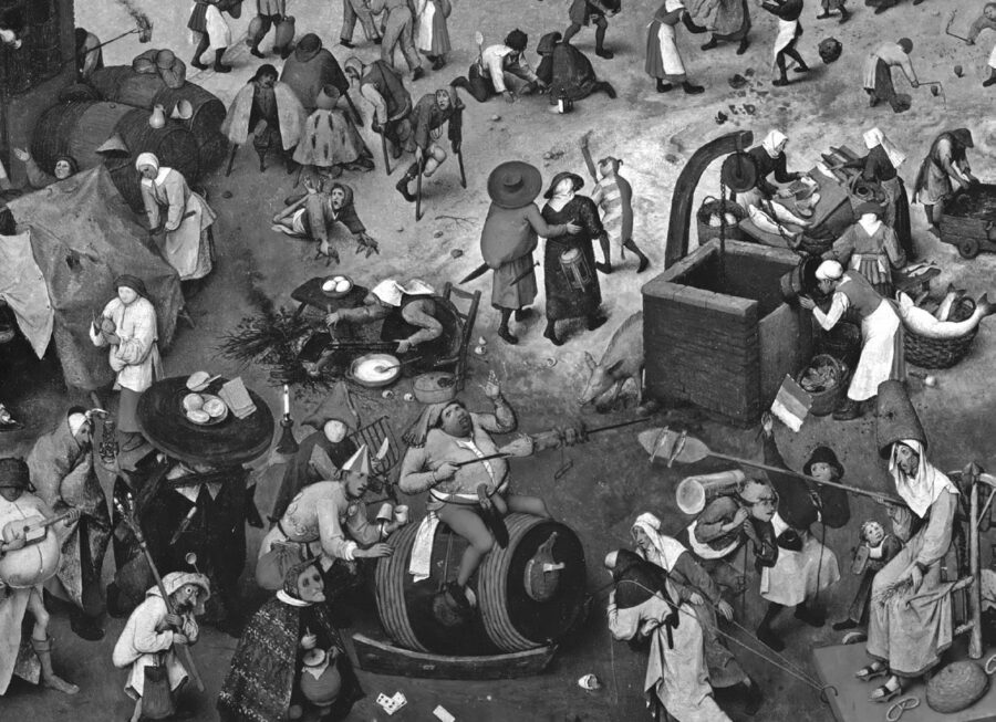 Le relazioni sociali si danno nella performance. Un dettaglio tratto dal quadro Lotta tra Carnevale e Quaresima del 1559, d Pieter Bruegel il Vecchio, conservato al Kunsthistorisches Museum di Vienna