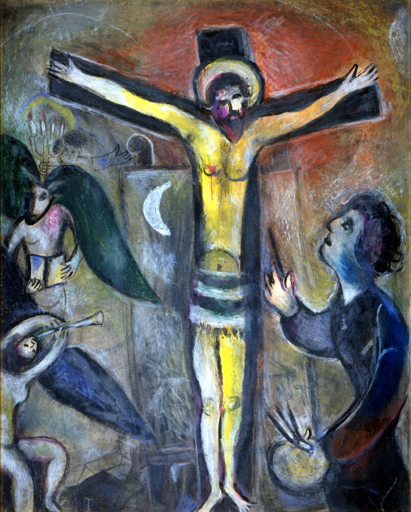 Marc Chagall (Vitebsk 1887 – Saint-Paul de Vence 1985), Le Christ et le peintre, 1951, gouache e pastelli su carta applicata su cartoncino; © Governatorato SCV Direzione dei Musei