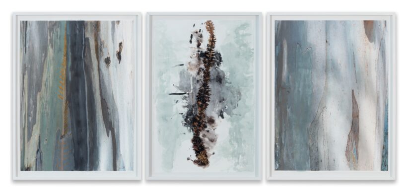 María Magdalena Campos-Pons, Mother Tree. Rooted by the Spine, 2019/20, mixed media on archive watercolor paper triptych: 66 x 101,5 cm each csy the artist and Galleria Giampaolo Abbondio, photo-credits: Antonio Maniscalco