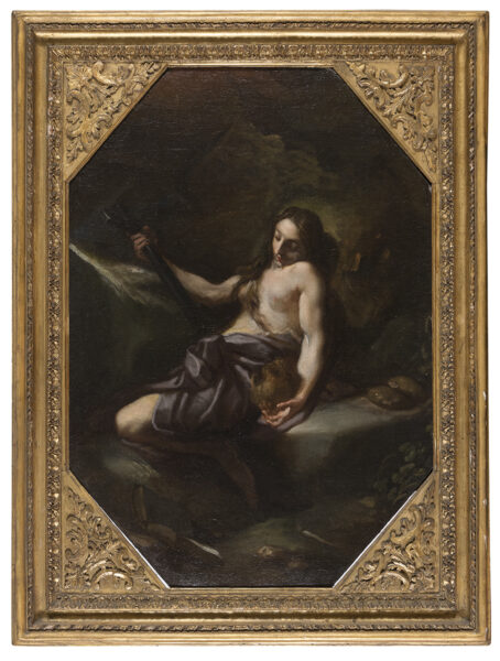 Lotto 64 - Benedetto Lutti, Paesaggio con Maria Maddalena, Olio su tela ottagonale, cm. 75 x 52. Stima 5.000-7.000 euro