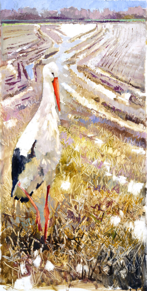 Letizia Fornasieri, Cicogna nella risaia, 2020 olio su tela cm 182x90