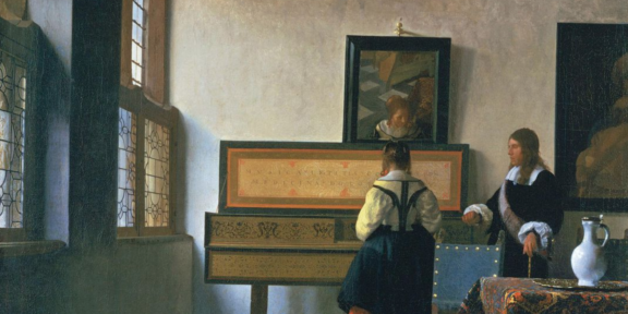 Johannes Vermeer, Donna ad una verginale, con un uomo, 1660 ca, Royal Collection, Londra (particolare)