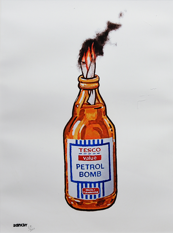 Banksy - Tesco Petrol Bomb", 2011, olio su tela, oil on canvas, Collezione privata, Private collection