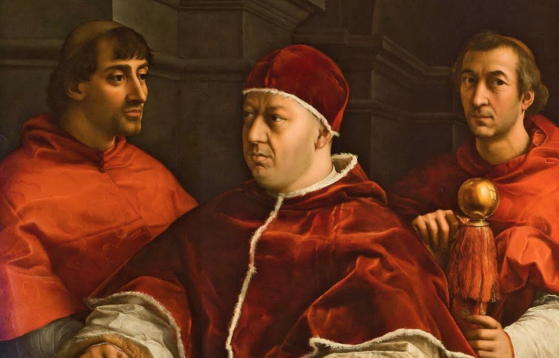 Raffaello, Ritratto di Papa Leone X con i cardinali Giulio de’ Medici e Luigi de’ Rossi, particolare