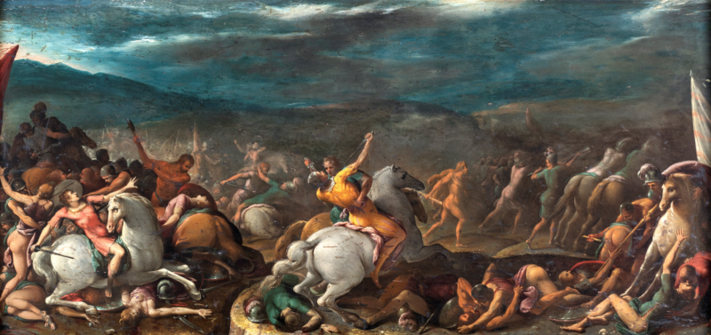 Lotto 76 - Gaspare Celio, Ercole e Teseo contro le amazzoni, olio su tavola, cm 66x140. Stima 60.000-80.000 euro