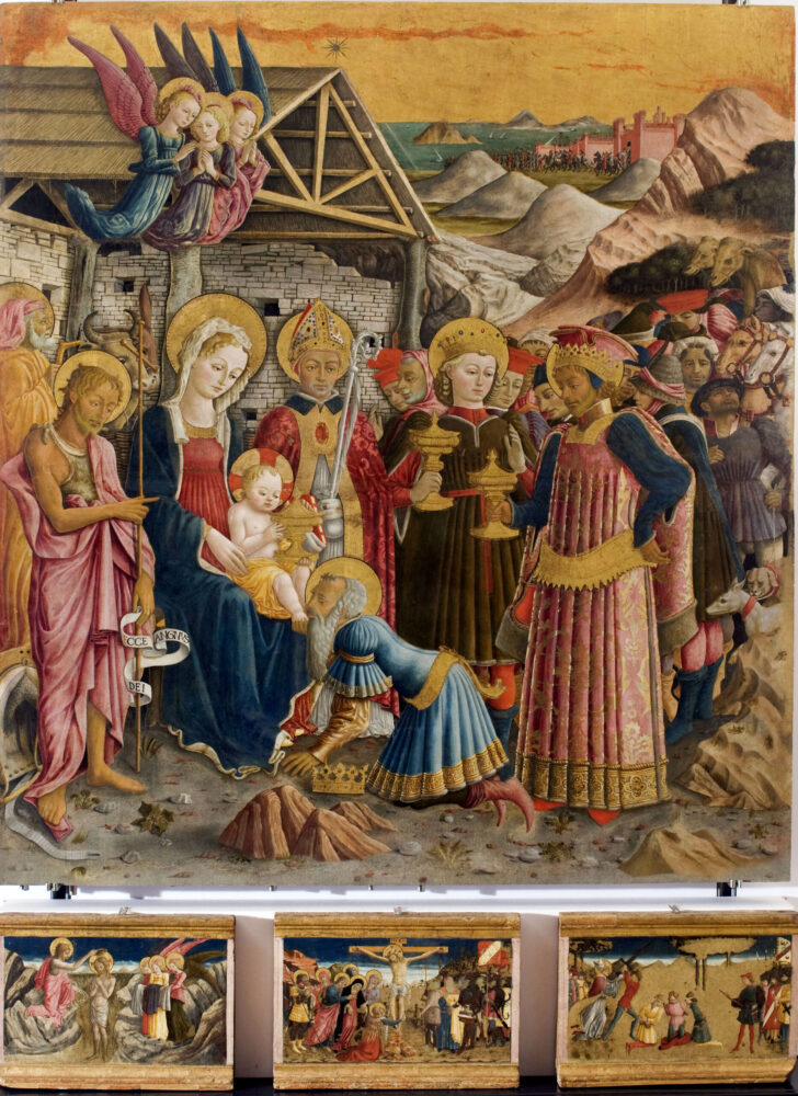  Benedetto Bonfigli (Perugia1418/20-1496), Adorazione dei Magi con san Giovanni Battista e san Nicola di Bari tempera su tavola, cm 186,5 x 167 x 1,5