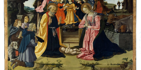 Bartolomeo Caporali (Perugia 1420 ca. -1503 -05) Adorazione dei pastori 0lio su tavola, cm 162,5 x 218,8 x 6